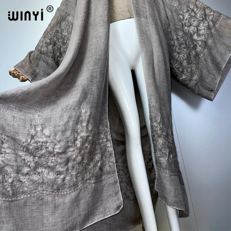 WINYI Kimono Hand-Dyed Embroidered Cardigan Beachwear Evening Dress Abaya Dubai Luxury Cover-Ups Beach Outfits Women Maxi Coat
