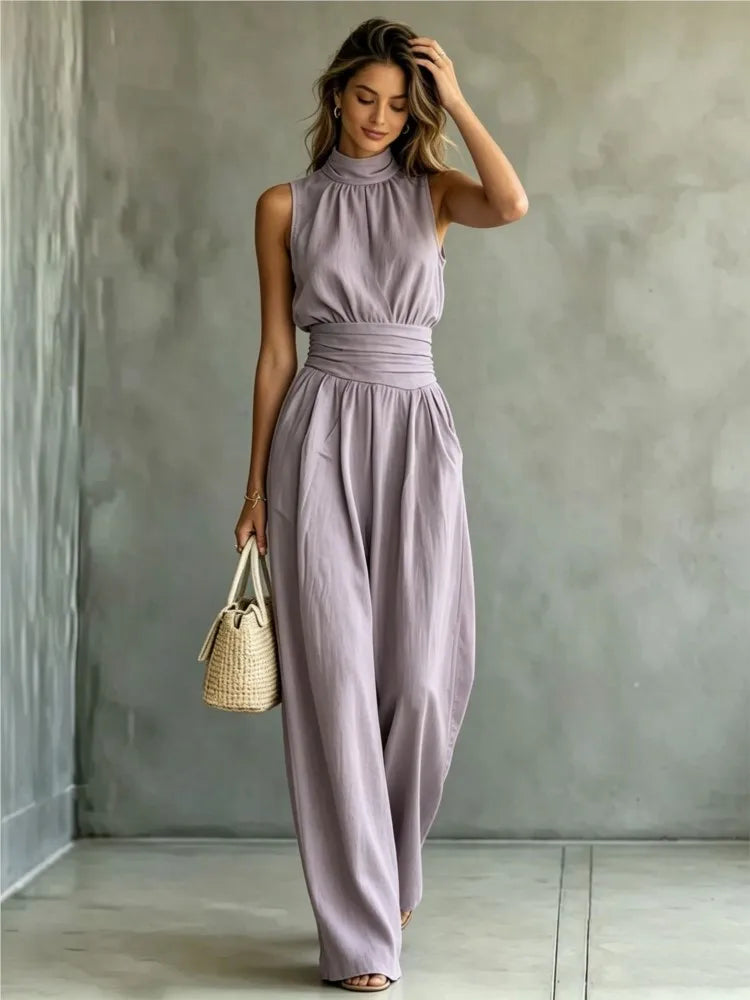 Summer New Fashion Half Turtle Collar Sleeveless Women's Jumpsuit 2026 Elegant Slim Waist Shaping Wide Leg Female Rompers