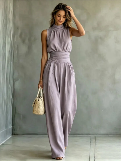 Summer New Fashion Half Turtle Collar Sleeveless Women's Jumpsuit 2026 Elegant Slim Waist Shaping Wide Leg Female Rompers