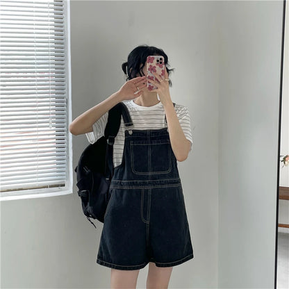 Women's Denim Overalls Short Trousers Wide Leg Loose Fit Thin Jumpsuit Korean Style for Petite Ladies Casual Clothing