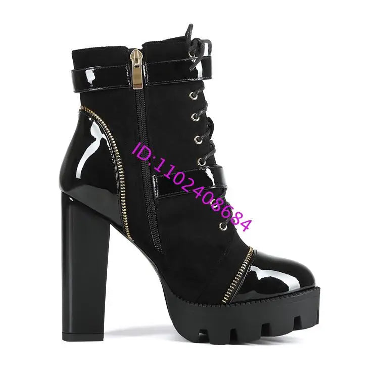 Design Women Black Leather Round Toe Rivets Metal Zippers Block High Heel Thick Bottom Ankle Boots Belt Buckles Platform Boots