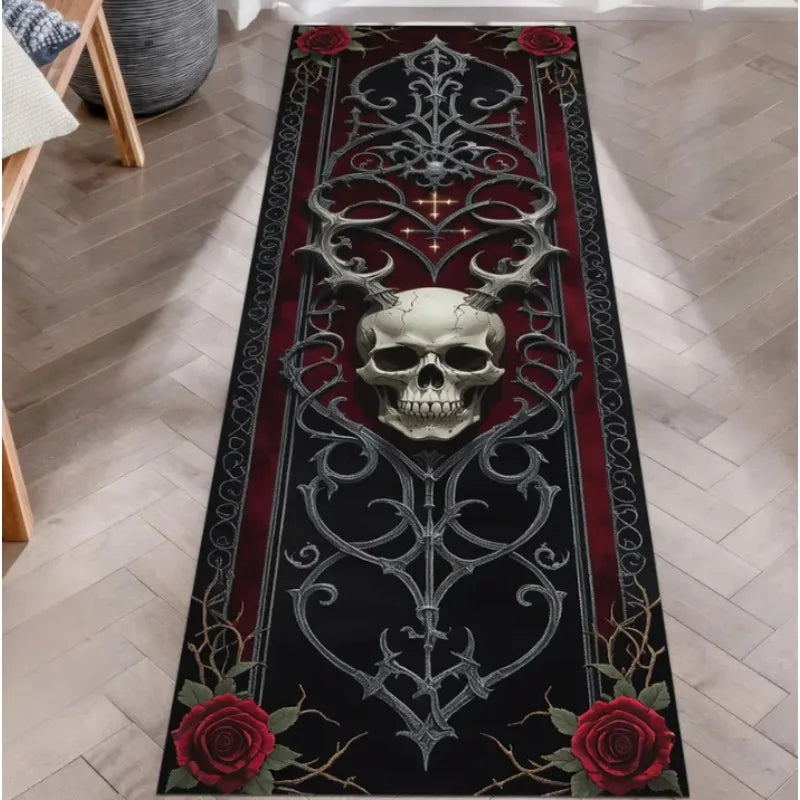 Skull Pattern Gothic Runner Rug Red Black Rose Decor Non-Slip Art Floor Mat for Hallway Living Room Bedside Home Decor Carpet