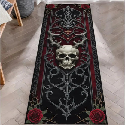 Skull Pattern Gothic Runner Rug Red Black Rose Decor Non-Slip Art Floor Mat for Hallway Living Room Bedside Home Decor Carpet