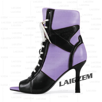 LAIGZEM Women Ankle Boots Patchwork Peep Toe Thin High Heels Boots Lace up Short Boos Ladies Handmade Shoes Woman Size 39 41 43