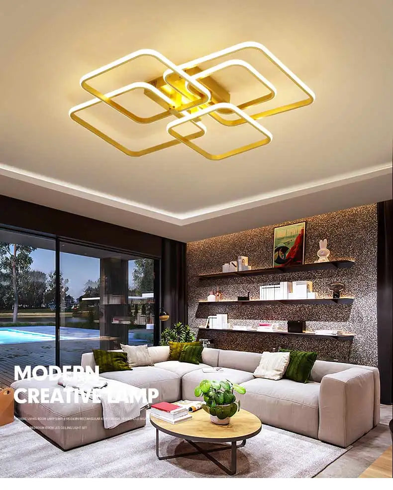 Modern Square LED Ceiling Chandelier with Remote Control Dimmable Light Fixture for Living Room Bedroom Dining Home Decor Lamp
