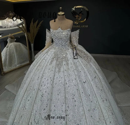 White Off Shoulder Strapless Wedding Gowns Shiny Diamonds Long Sleeves Bridal Dress Plus Size Customized Dubai vestido de novia
