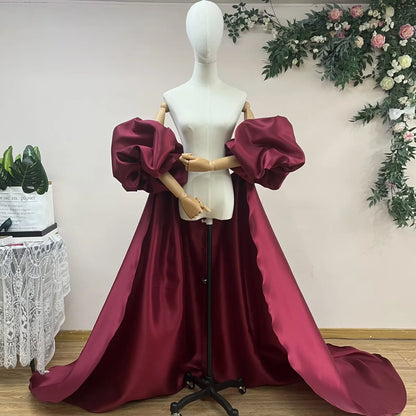 Red  Mikado Satin Long Wedding Cape Puffy Short Sleeves Court Tain Evening Cape Outfit Coat For Women Costume DJ199