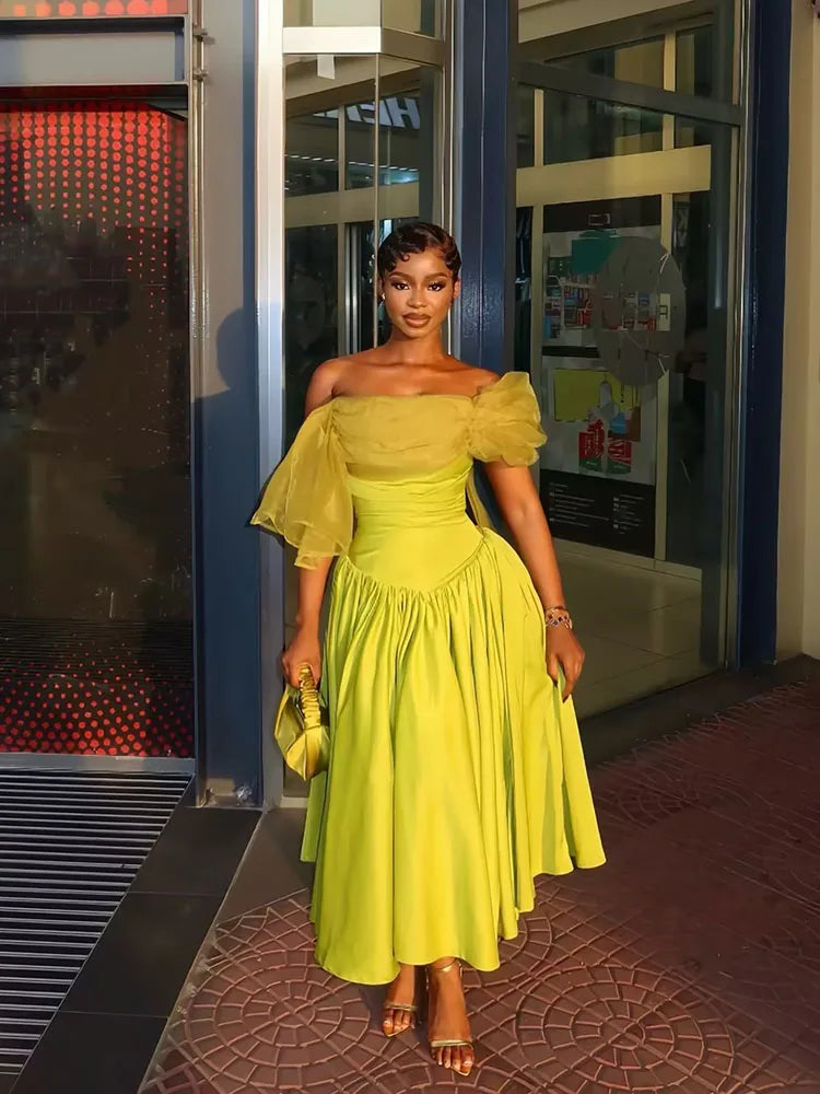 OEING Light Green A-Line Prom Dresses Off The Shoulder Pleats Sleeveless Satin Party Gowns Ankle Length Evening Dress Customized