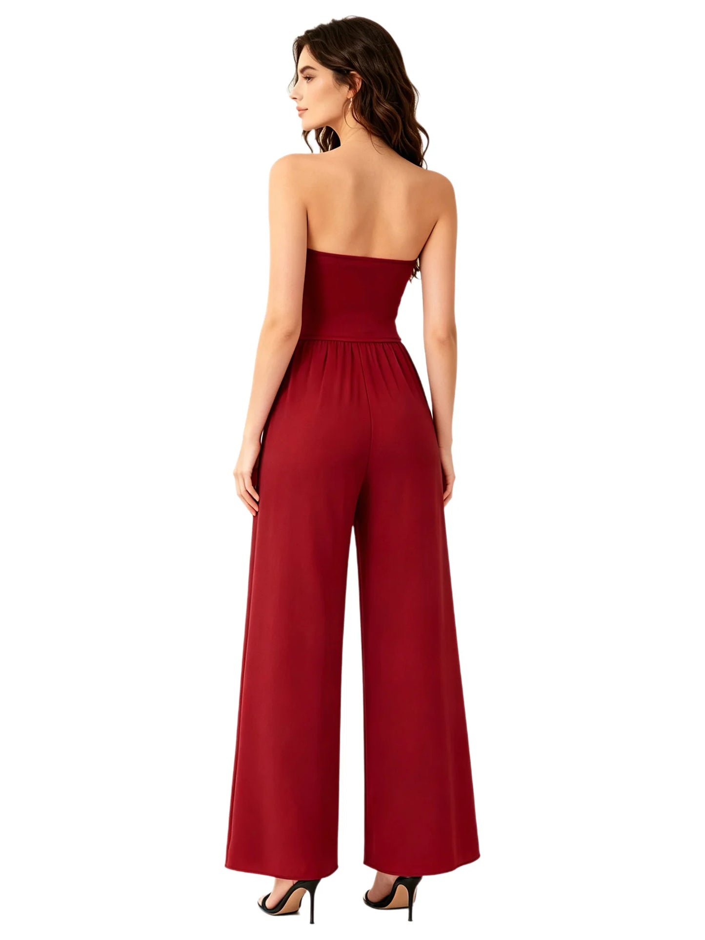 Women Strapless Jumpsuit Bandeau Elastic Bodice Sheer Floral Lace Patchwork Wide Leg Romper for Beach Vacation Party