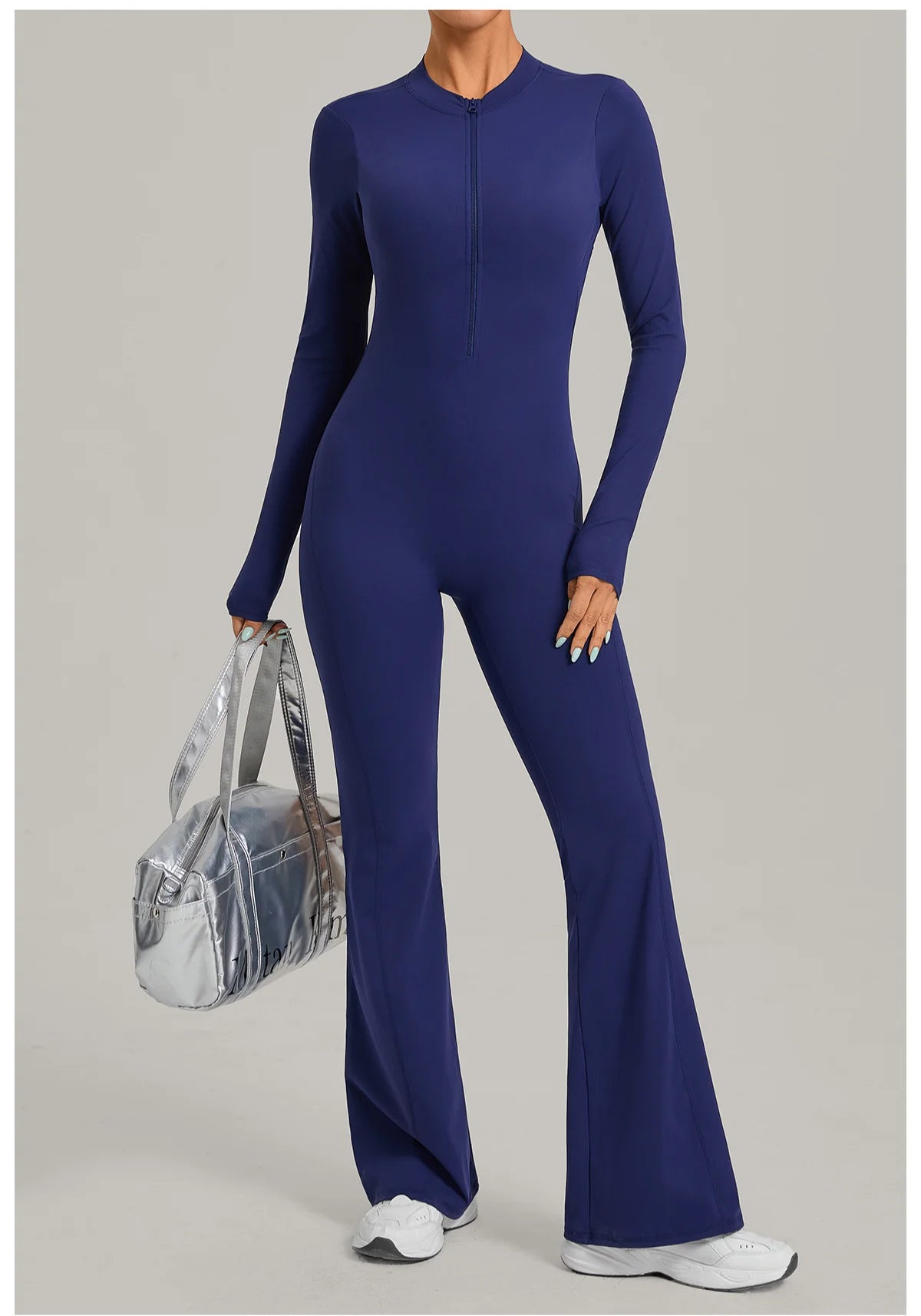 Women Long Sleeve Zip Yoga Bodysuit Cutout Back Scrunch Butt Lift Tummy Control Sweat Wicking Fabric Gym Workout Flare Jumpsuit