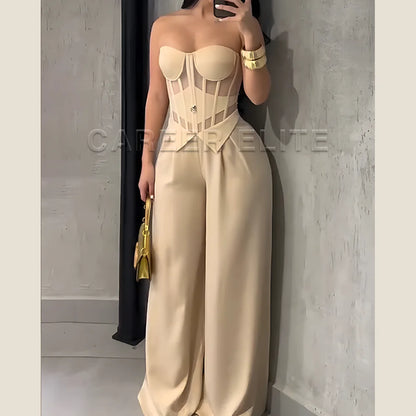 Women's Strapless Corset Top and Wide-Leg Pants Two-Piece Set Elegant Satin Jumpsuit for Evening Party Wedding Occasion Wear