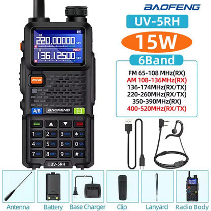 Baofeng UV5RH Handheld Walkie Talkie 15W 6000mAh Six Band Wireless Replication Frequency 999CH Supports Type-C Charging HAM 10km