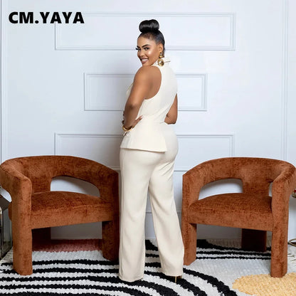 CMYAYA Elegant Womenv-neck High Waist Straight Sleeveless Blazer Jumpsuits 2024 Fall Street Chain Office Lady Party Rompers