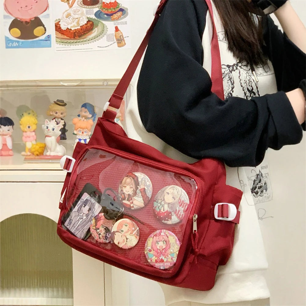 Japanese High School Girls Crossbody Bags Transparent Square Ita Bags Handbags Black Messenger Bag Ladies Sweet Lolita