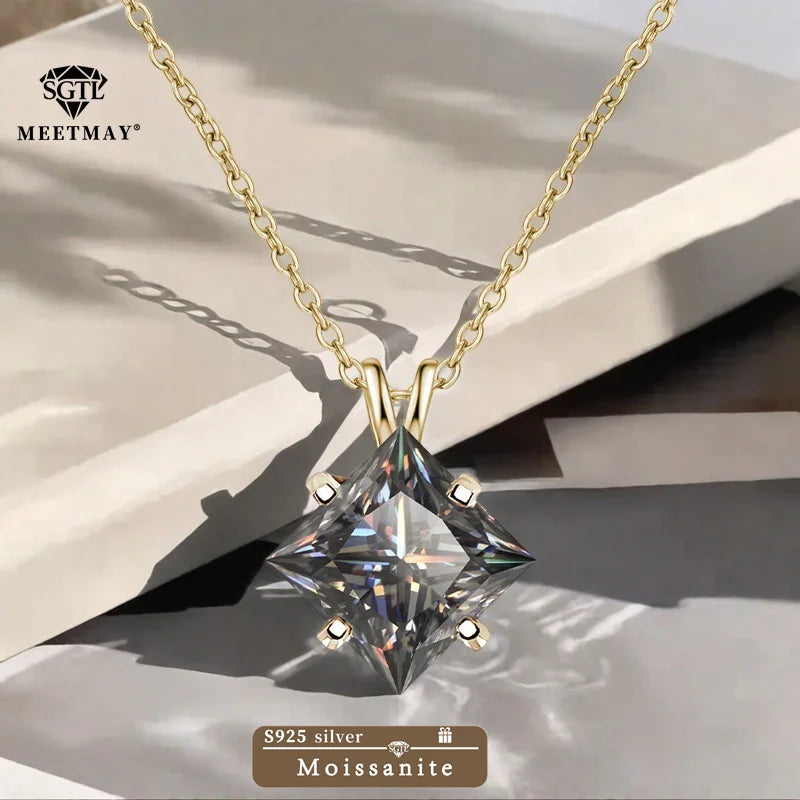 BOCARMAN S925 Sterling Silver Necklace with Colorful Princess Cut Moissanite Inlay Clavicle Chain Pendant for Women Gift