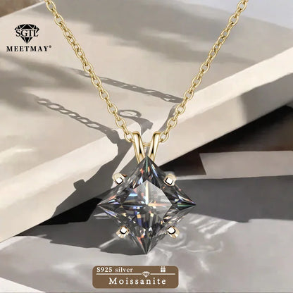 BOCARMAN S925 Sterling Silver Necklace with Colorful Princess Cut Moissanite Inlay Clavicle Chain Pendant for Women Gift