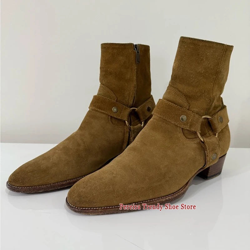 Autumn Winter Retro Chelsea Boots for Men Metal Ring Suede Leather Pointed Toe Short Boots British Style Trendy Men's Shoes
