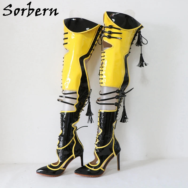 Sorbern Sexy Yellow Black Boots Women Over The Knee Lace Up Back Contrast Colors Pointed Toe Stilettos High Heels Custom Legs