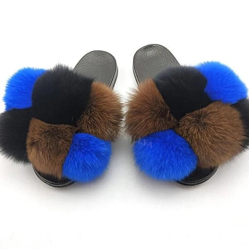 Natural Fox Fur Slippers, Fashionable Outdoor Multi-Color Animal Hair Slippers, Women's Gifts, Soft EVA Sole Slippers, On Trend