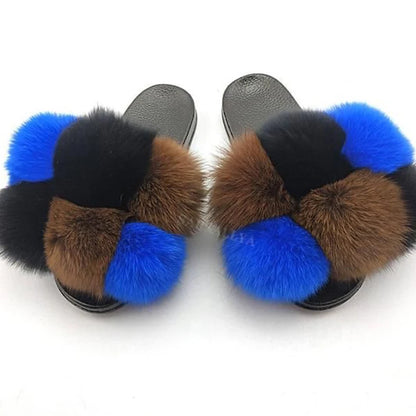 Natural Fox Fur Slippers, Fashionable Outdoor Multi-Color Animal Hair Slippers, Women's Gifts, Soft EVA Sole Slippers, On Trend