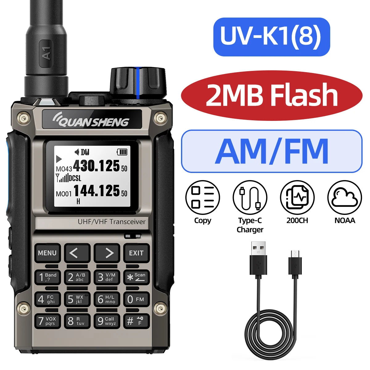 Quansheng UV-K1(8) Multi-Band Walkie Talkie 2MB Flash Wireless Copy Frequency Long Range Type-C Charger for Quansheng UVK5 K6