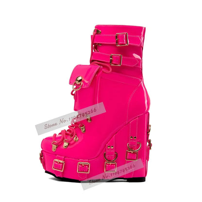 Fuchsia Patent Leather Wedged Lace-Up Ankle Boots Green Buckle Straps Metal Decor Booties Hgih Platform Pocket Nightclub Shoes