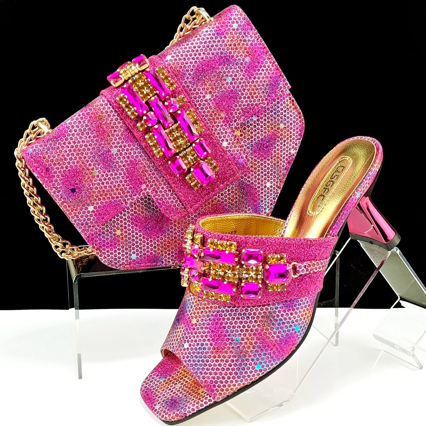 New Arrival Mature Style Colorful Rhinestone Metal Design Strange High Heel Style Peep Toe Shoes and Bag Set for Party Wedding