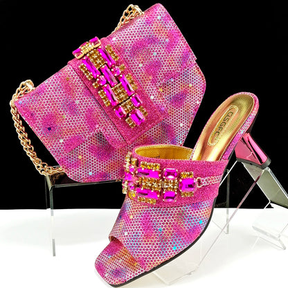 New Arrival Mature Style Colorful Rhinestone Metal Design Strange High Heel Style Peep Toe Shoes and Bag Set for Party Wedding