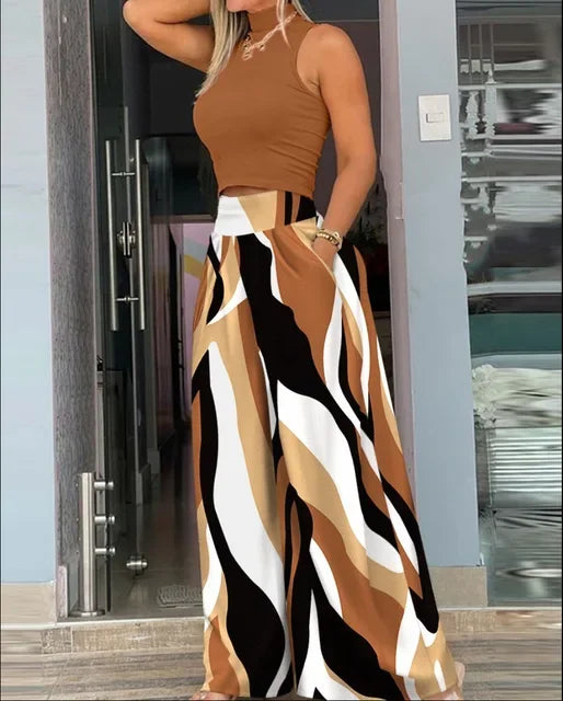 New Women Jumpsuits Loose Wide Leg Pants Overall Pants High Waist Vest Sleeveless Printed Fashion Casual 2024 Female 2 Piece Set