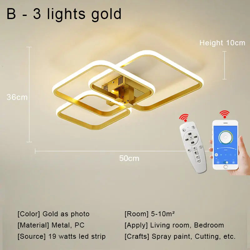 Modern Square LED Ceiling Chandelier with Remote Control Dimmable Light Fixture for Living Room Bedroom Dining Home Decor Lamp