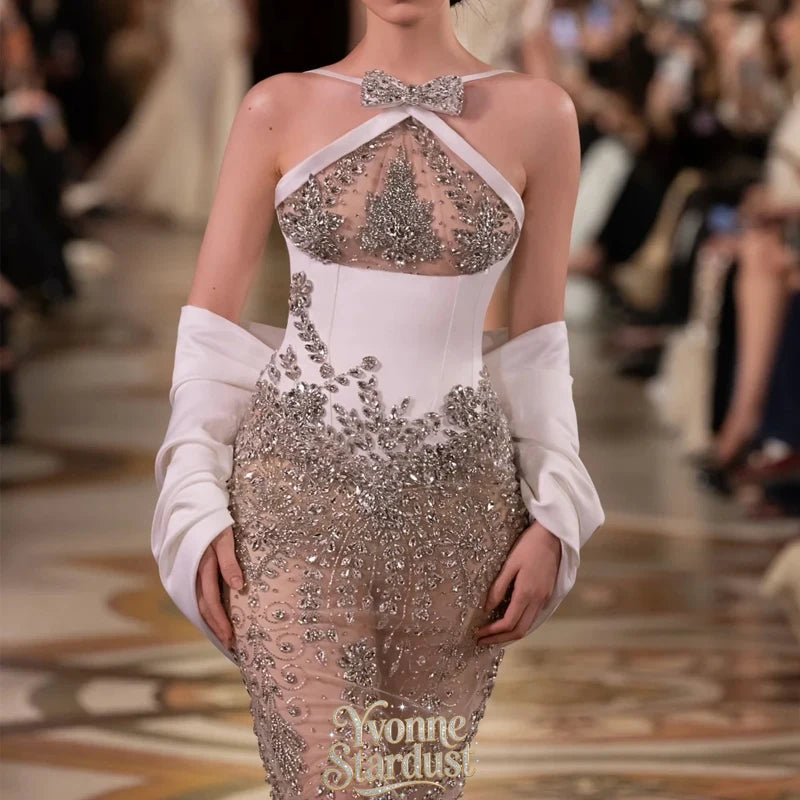 Yvonne Halter Prom Dress Elegant Beaded Robes De Soirée Evening Gown Detachable Sleeves Sparkling Formal Party Dress Customized
