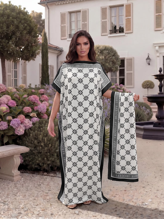 Luxury Geometric Lattice Print Satin Abaya Scarf Set, Loose Batwing Maxi Kaftan Dress for Muslim Women Summer Daily Holiday Wear