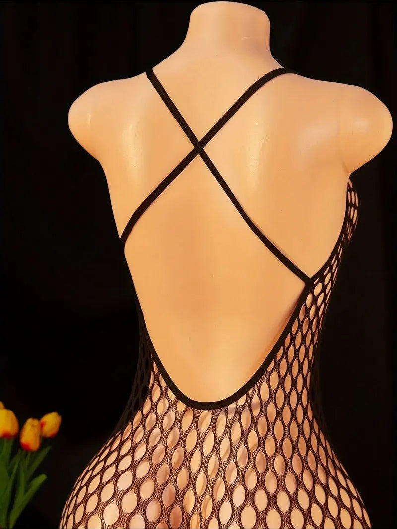 Sexy Backless Crotchless Jumpsuits For Women Fishnet Hollow Romper Erotic Outfits Hanging Neck Bodycon Jumpsuit Mesh Streetwear
