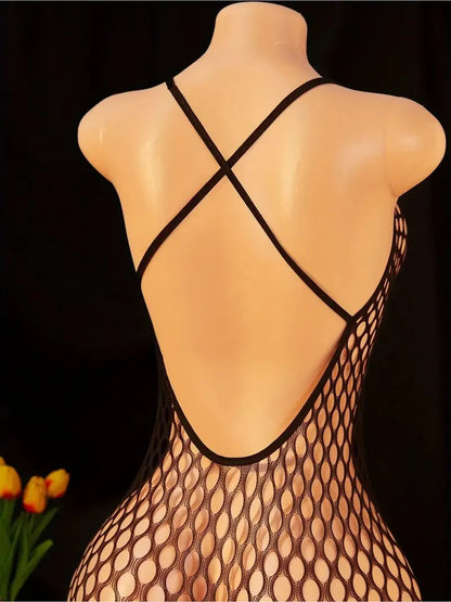 Sexy Backless Crotchless Jumpsuits For Women Fishnet Hollow Romper Erotic Outfits Hanging Neck Bodycon Jumpsuit Mesh Streetwear