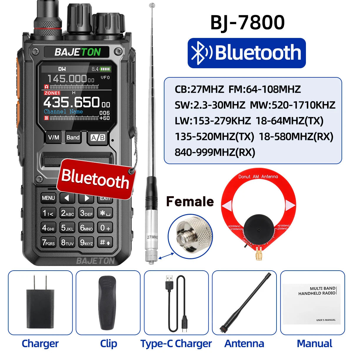 BAJETON BJ-7800 Walkie Talkie Long Range SW MW LW AM SSB CB 10W Receive Wireless Bluetooth Phone Programming Ham Radio RT-920