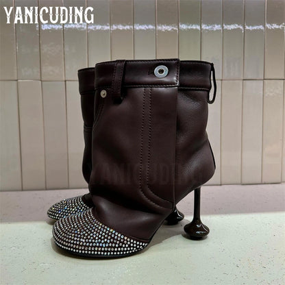 Rhinestone Pocket Booties Novelty Designer Style Strange Heel Ankle Boots Soft Leather Luxurious Bling Bling Booties for Women