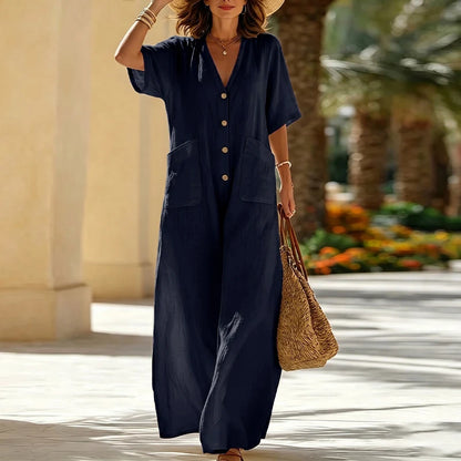 2026 VONDA Women Plus Size Jumpsuits Solid Vintage Overalls Casual Loose Big Pockets Buttons V Neck Party Playsuits Oversized