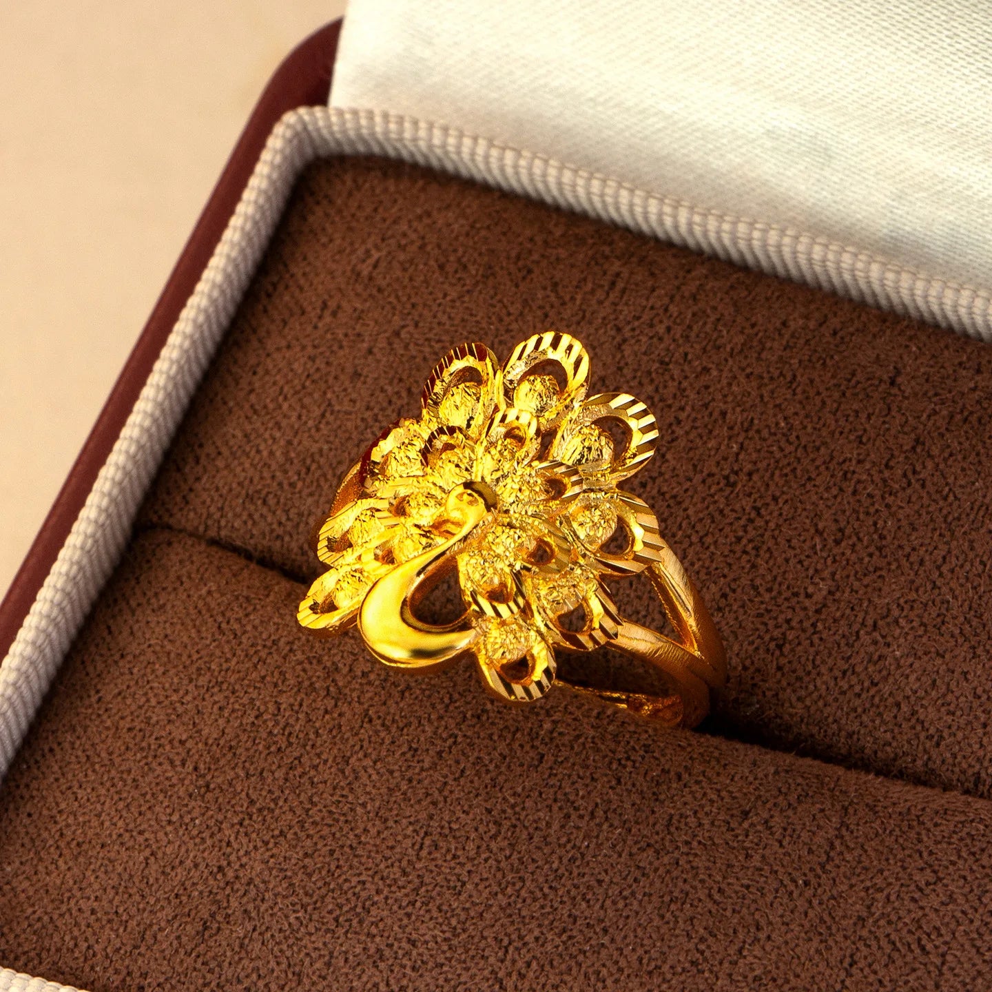 Luxury 24K 9999 Pure Gold real gold Hollow Peacock Ring Women's All-match Open Ring Engagement