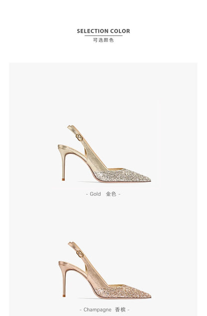 2025 New Summer Luxury Heeled Sandals Gold Sequins Back Strap Pointed Toe Stiletto Pumps Elegant Comfortable Prom Women's Shoes