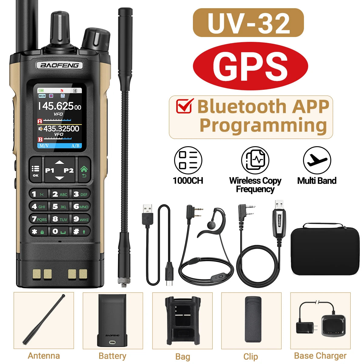 BAOFENG UV-32 Walkie Talkie GPS Multi Band 10W Bluetooth Wireless Programming Copy Frequency 1000CH Long Range Ham Two Way Radio