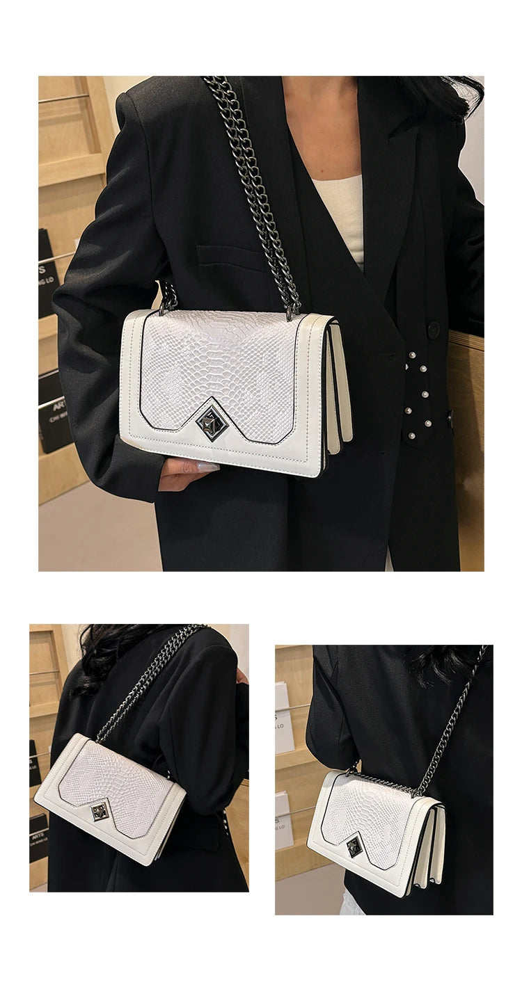 Leather Shoulder Bag Chain Purse for Women - Fashion Crossbody Bags Vintage Snake Print Underarm Bag Square Satchel Handbag