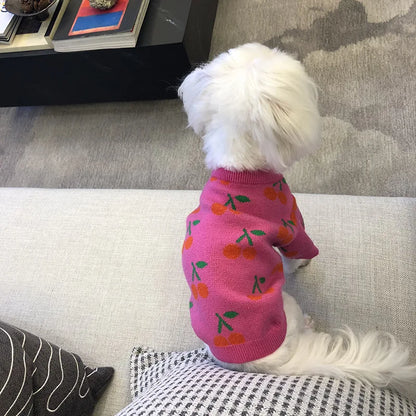 Winter Dog Sweater Cherry Print Dog Clothes Small Dogs Coat Pet Costume Chihuahua Bichon Dachshund Clothing Knitted Warm Sweater