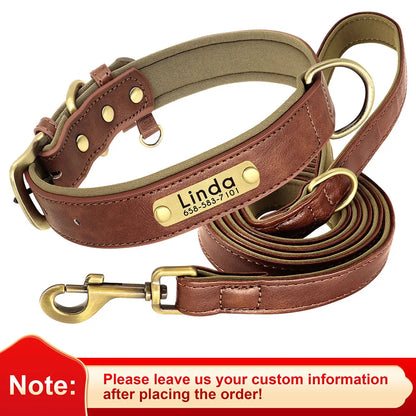 Personalized Dog Collar Leash PU Leather Dogs Collars Pet Rope Engraved Pet ID Name Necklace for Small Large Dogs Soft Padded