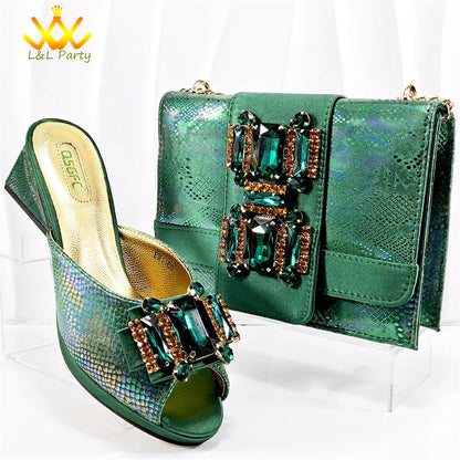 Italian New Arrivals Shoes and Bag Set in Green Color High Quality Specials Design Slipper with Crystal for Wedding Dress