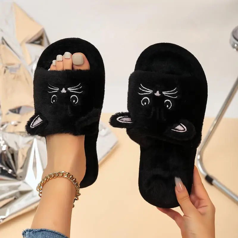 Casual Fluffy Women's Slippers Home Flats Cat Cartoon Luxury Designer Shoes Girls Spring Autumn Elegant Indoor Slides Soft Sole