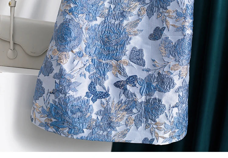 Women Blue Jacquard Beaded Dress Short Sleeve Round Neck a Line Elegant Slim Fit Summer Party Fashion Luxury Midi Dress