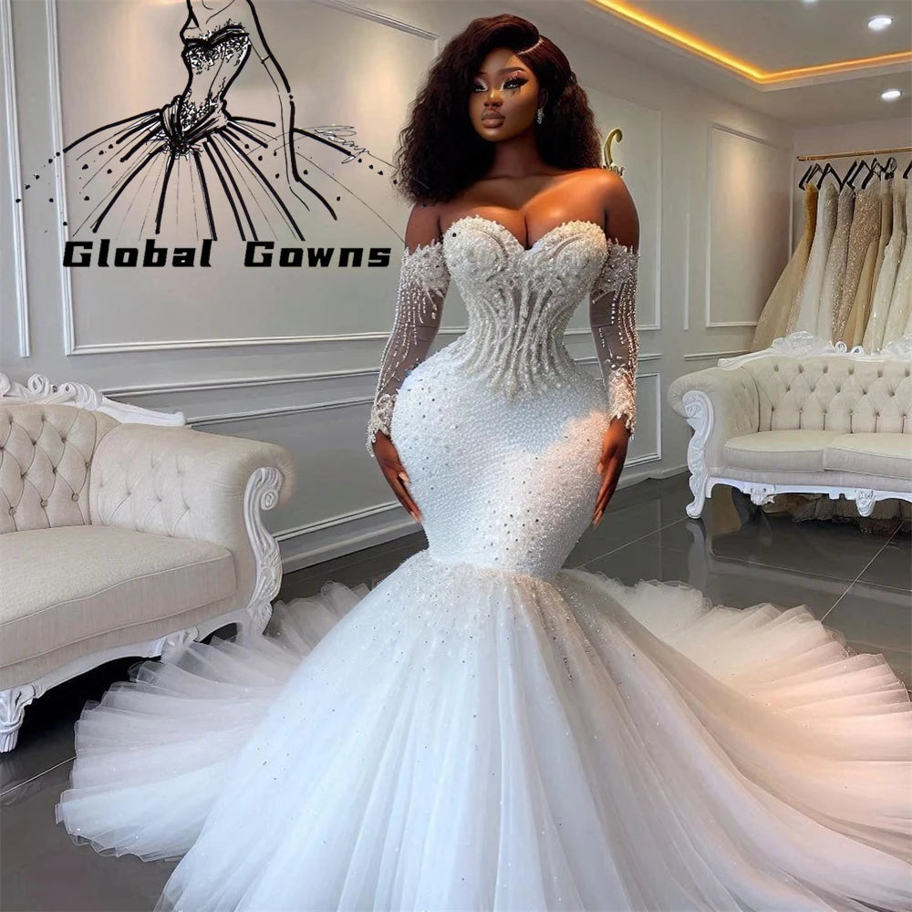 White Bead Crystal Wedding Dresses Sweetheart Long Sleeve Bride Gown Mermaid Special Occasion Gown Customized