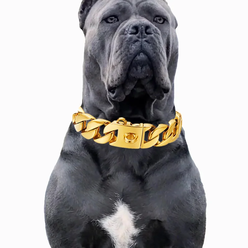 Large Dog Collar 32mm Metal Pet Choker Gold Silver Stainless Steel Chain Dog Accessories for Cane Corso Labrador Rottweiler