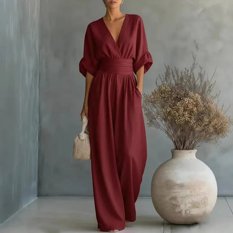 OL Style Solid High Waist Draped Jumpsuits Woman 2026 Spring V Neck Wide Leg Trousers Overalls Casual Half Sleeve Rompers Outfit
