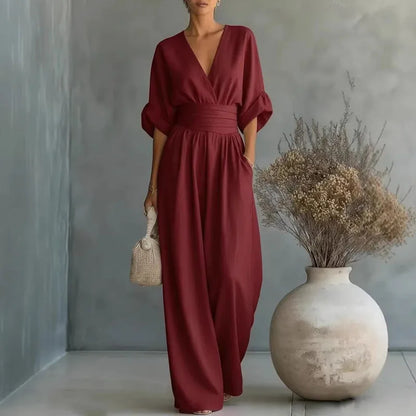 OL Style Solid High Waist Draped Jumpsuits Woman 2026 Spring V Neck Wide Leg Trousers Overalls Casual Half Sleeve Rompers Outfit
